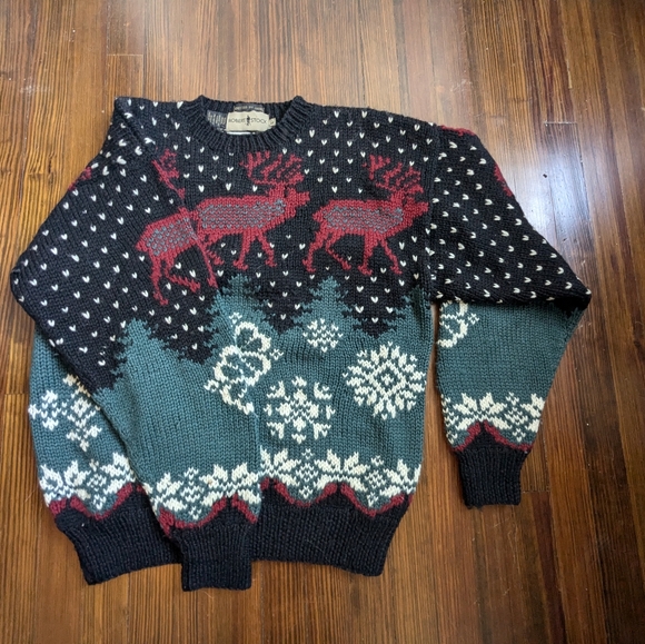Vintage Robert Stock wool Christmas sweater, size Large, black, green and ref - Picture 3 of 5